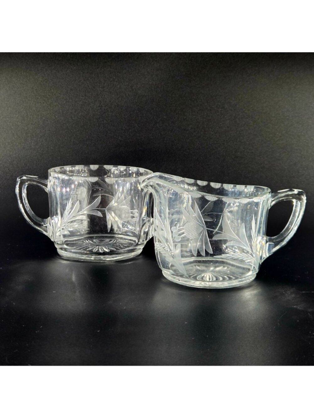 Vintage Etched Thistle Crystal Creamer Sugar Bowl Set MidCentury American Design - Picture 2 of 7